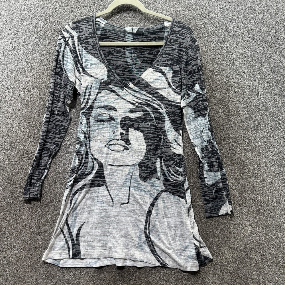 Nally & Millie Face Print V‎ Neck Top Medium Artsy Burnout Y2k Edgy USA Made